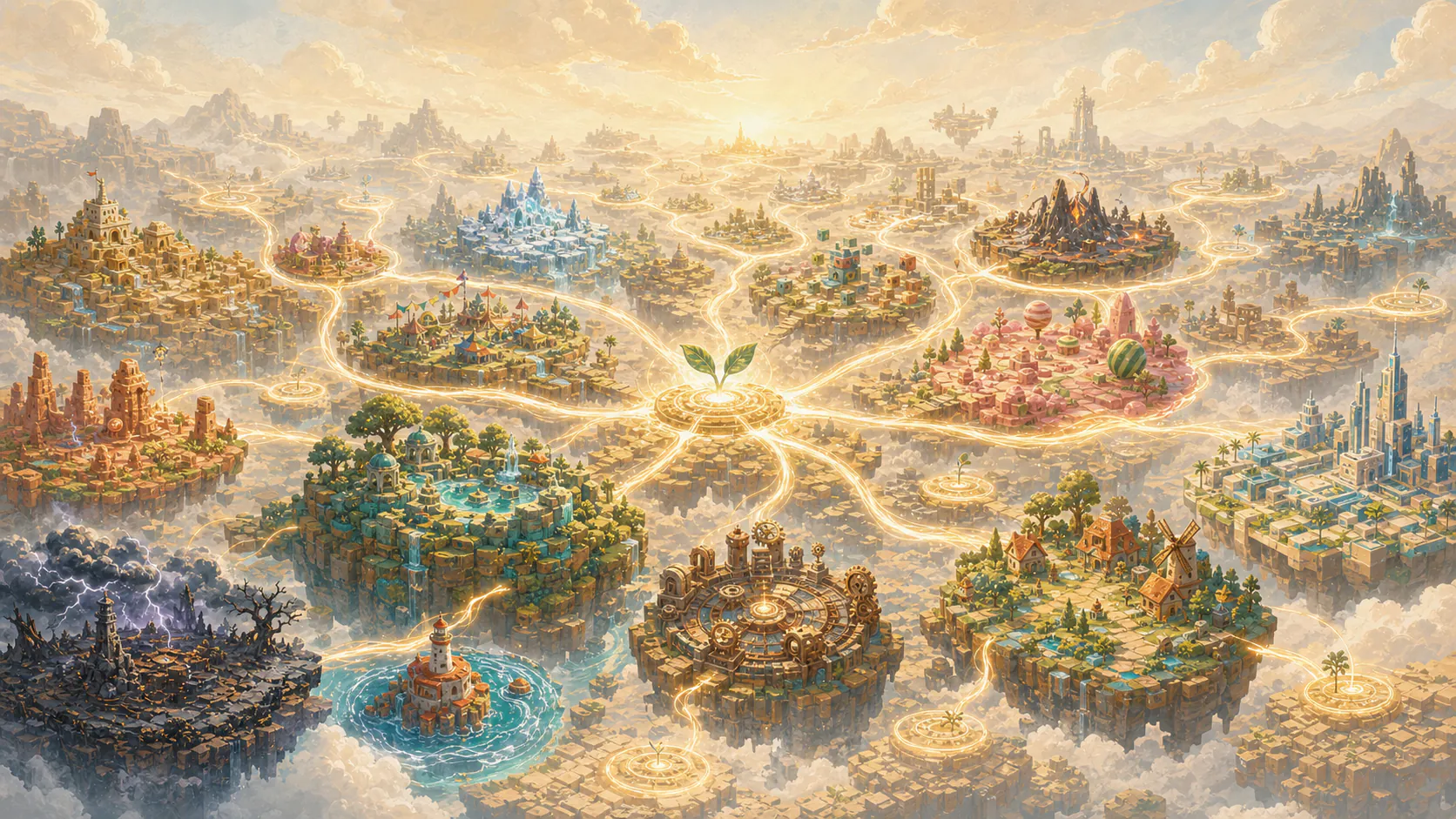 A bright map of many connected game worlds